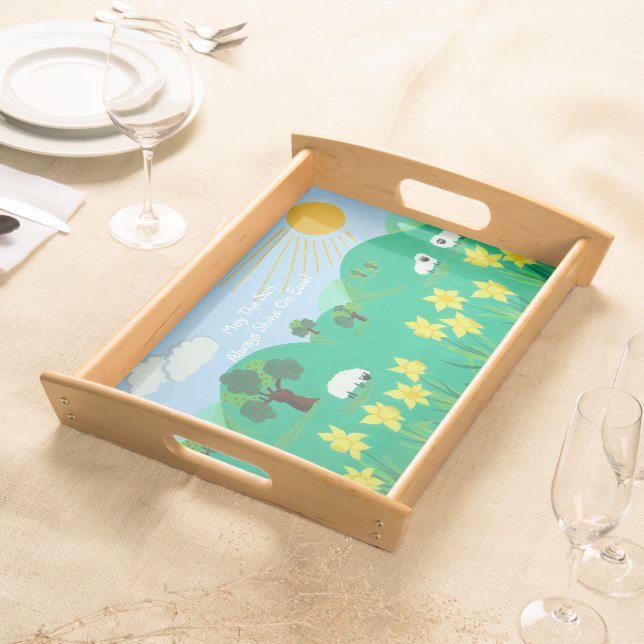 fun scenic illustration of cute sheep serving tray (Front)
