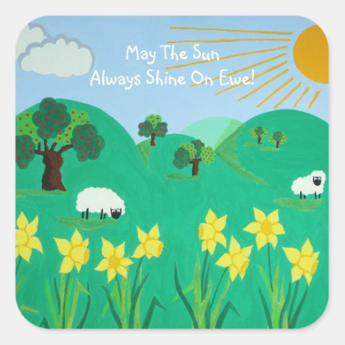 fun scenic illustration of cute sheep square sticker