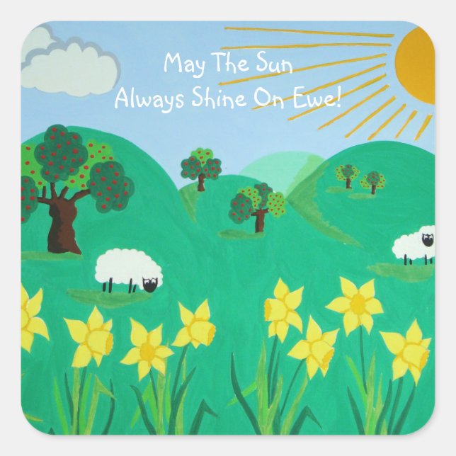 fun scenic illustration of cute sheep square sticker (Front)