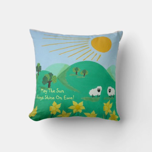 fun scenic illustration of cute sheep throw pillow
