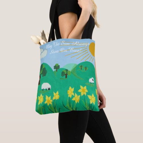 fun scenic illustration of cute sheep tote bag
