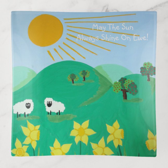 fun scenic illustration of cute sheep trinket tray (Front)