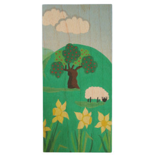 fun scenic illustration of cute sheep wood flash drive