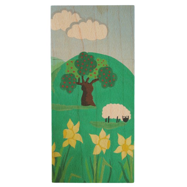 fun scenic illustration of cute sheep wood flash drive (Front Vertical)