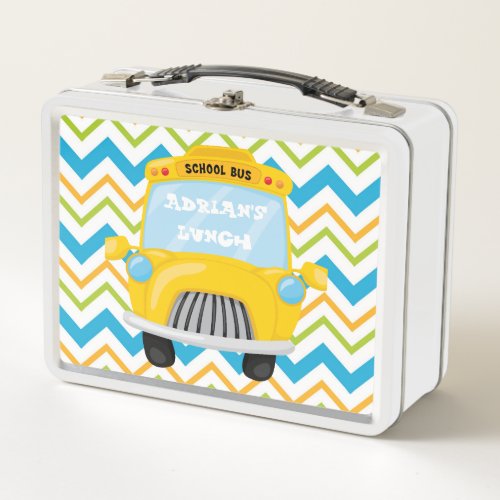 Fun School bus on Chevron Background Metal Lunch Box