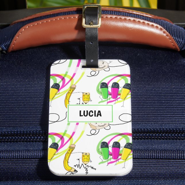 Fun school supplies characters luggage tag (Front Insitu 2)