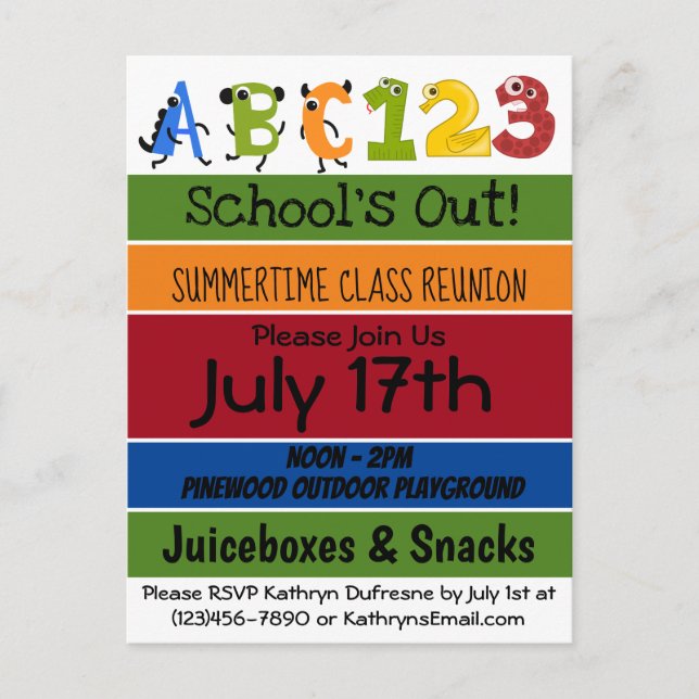 Fun "School's Out" Summer Class Reunion Invite (Front)