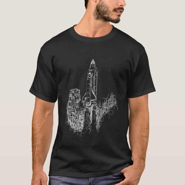 Fun Sci fi Space Shuttle Rocket Launch Doodle Sket T-Shirt (Front)
