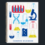 Fun Science Chemistry Laboratory Custom Blue Notebook<br><div class="desc">This fun custom notebook features a cute science and chemistry themed design in primary colors. Personalize it with your name. Great gift idea!</div>
