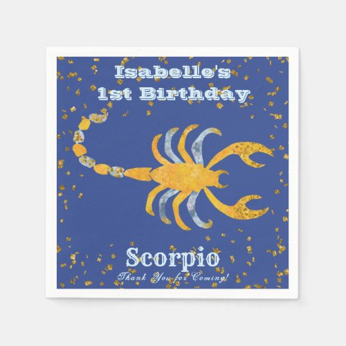 Fun Scorpio First Birthday  Gold Confetti Napkins