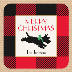 Fun Scottie Dog Christmas Custom Name Red Square Sticker