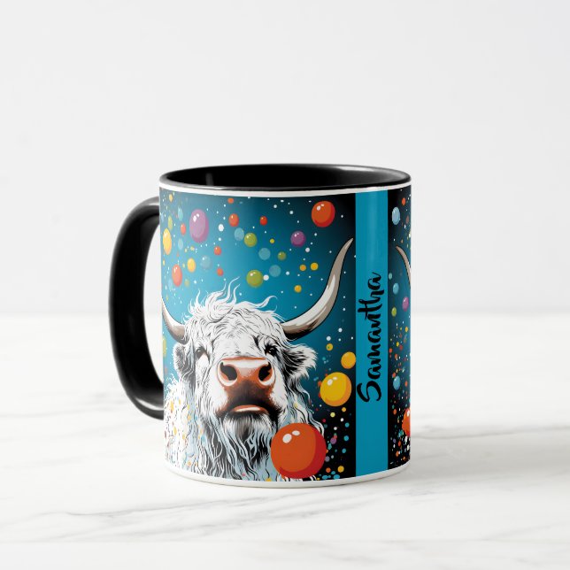 Fun Scottish Highland Cow with Bubbles. Editable Mug (Front Left)