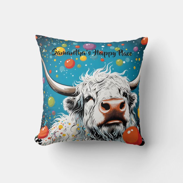 Fun Scottish Highland Cow with Bubbles. Editable Throw Pillow (Front)