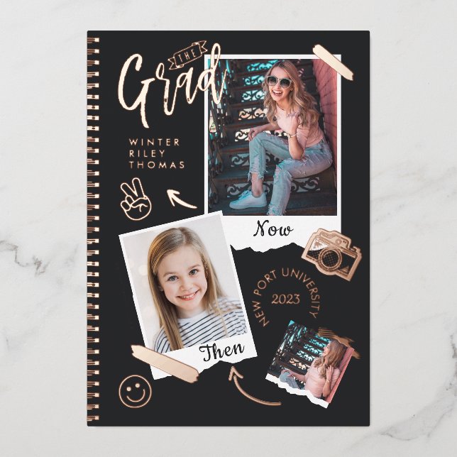 Fun Scrapbook Photo Album Notebook Then & Now Grad Foil Invitation (Front)