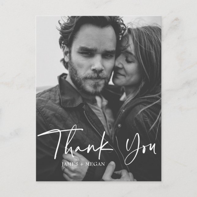 Fun Script Calligraphy Photo Wedding Thank You Postcard (Front)