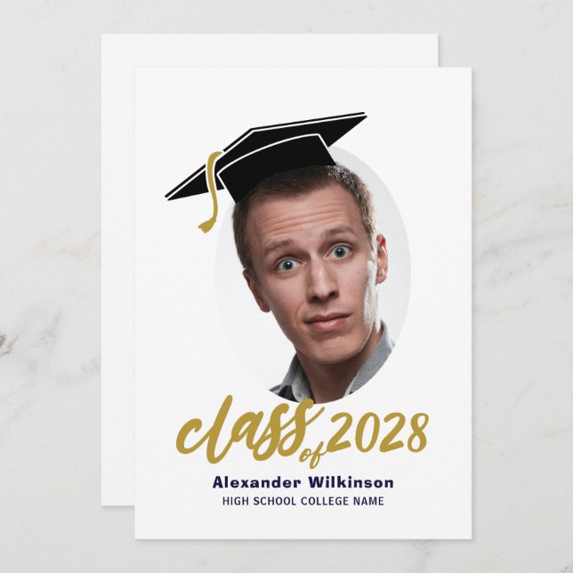 Fun Script Grad Cap Minimalist Photo Graduation  Invitation (Front/Back)