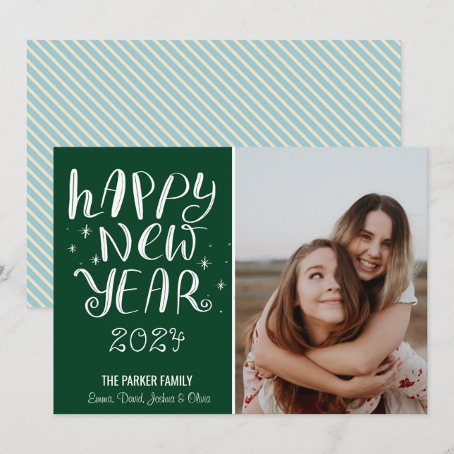 Fun Script Happy New Year Photo Cute Green Stripe Holiday Card (Front/Back)