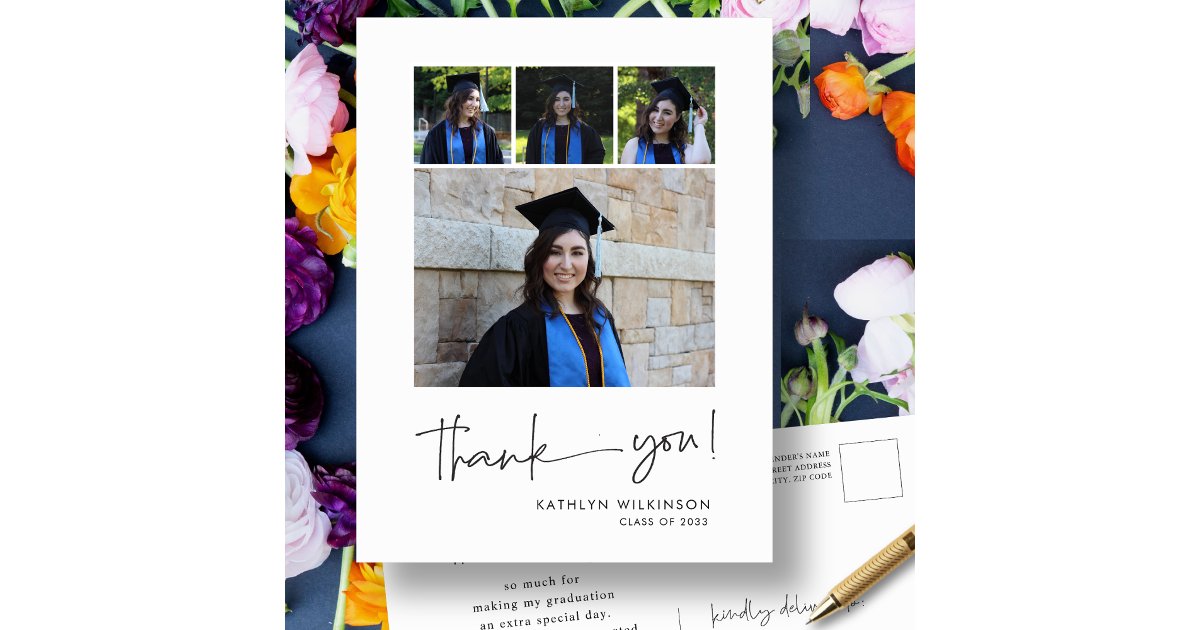 Fun Script Modern 4 Photo Graduation Thank You Postcard | Zazzle