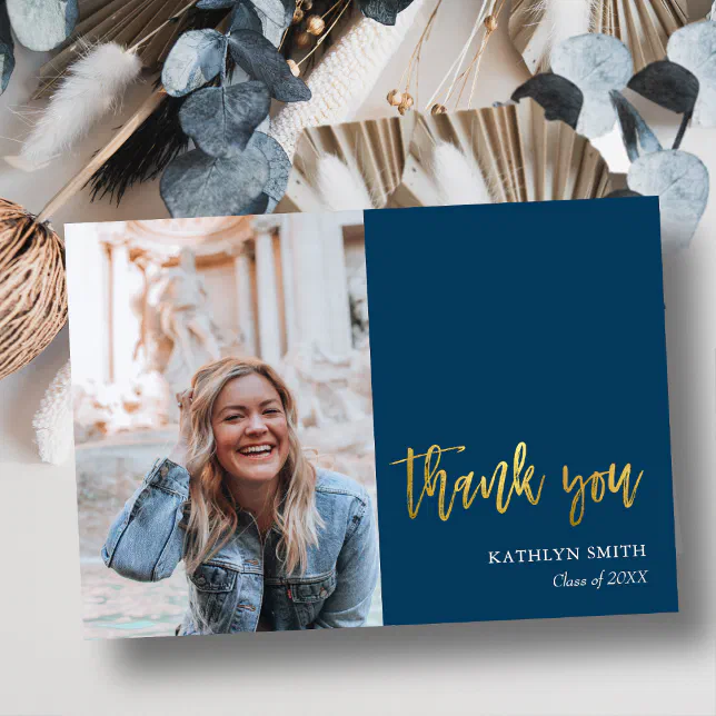 Fun Script Modern Blue Simple Photo Graduation Thank You Card | Zazzle