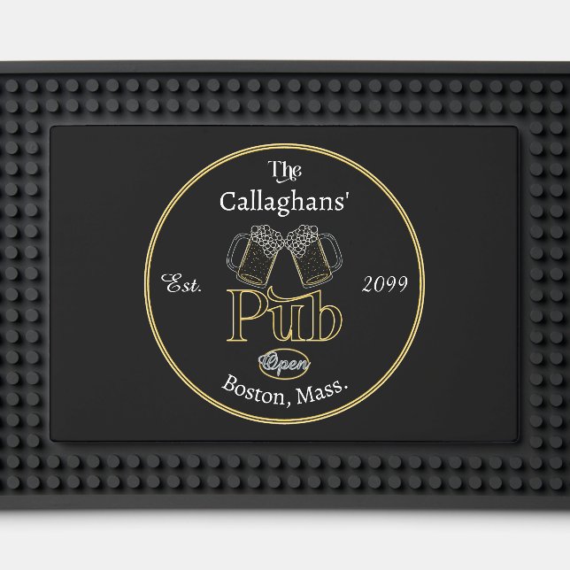 Fun Script Text Pub w Beers -  Bar Mat (Front (Close Up))