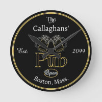 Fun Script Text Pub w Beers Wall Clock