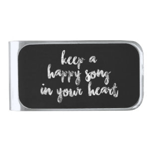 fun script textured HAPPY SONG Silver Finish Mo Money Clip