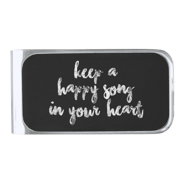 fun script textured HAPPY SONG |  Silver Finish Mo Money Clip (Front)