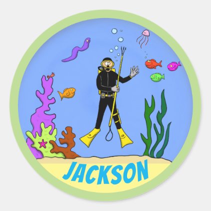 Fun scuba diver cartoon with fish sticker