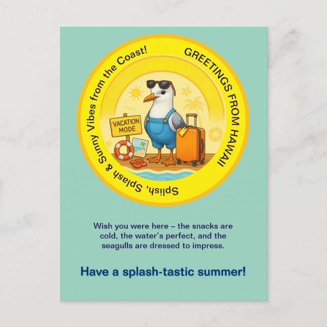 fun seagull spashtastic sunny destination greeting postcard (Front)