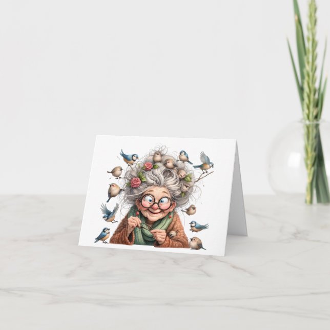 Fun Senior With Birds Note Card (Front)