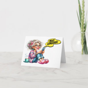 Fun Senior With Coffee and Cell Phone Note Card