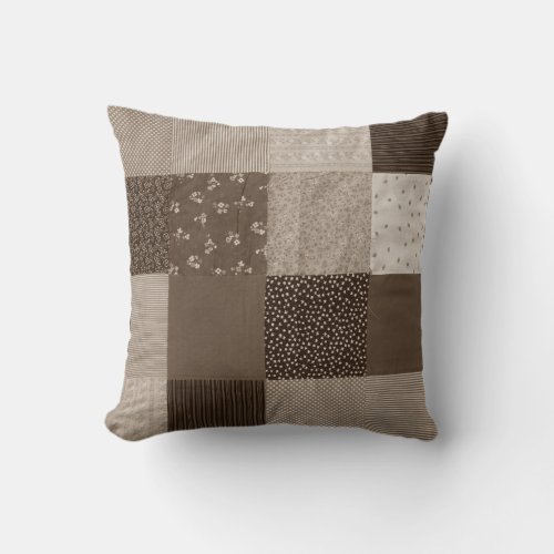 fun sepia fabric patchwork vintage art designer throw pillow