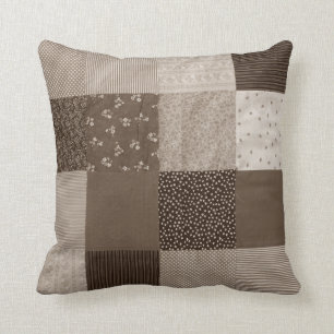 fun sepia fabric patchwork vintage art designer throw pillow