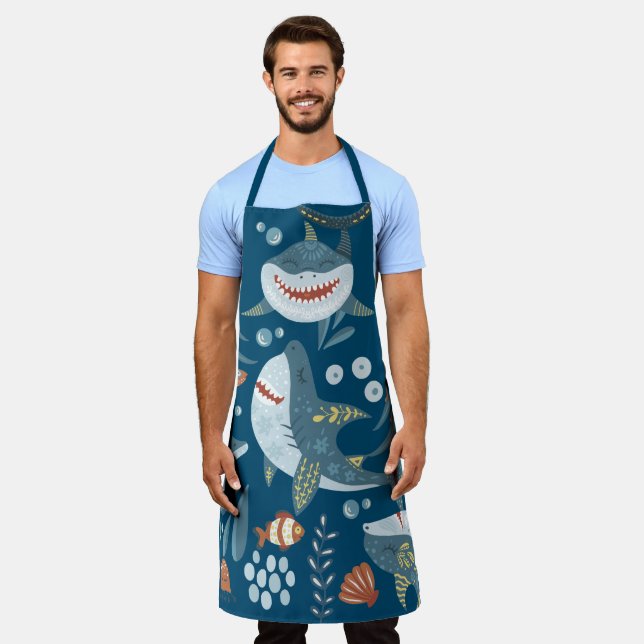Fun shark cartoon collage cute illustration blue apron (Worn)