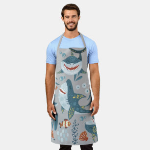 Fun shark cartoon collage cute illustration GRAY Apron