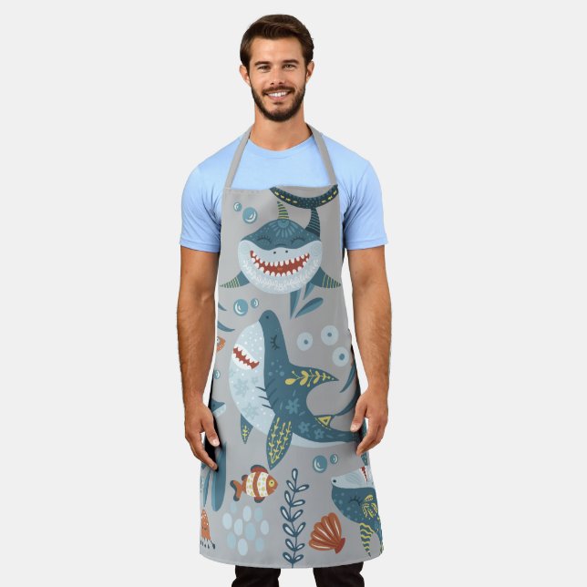 Fun shark cartoon collage cute illustration GRAY Apron (Worn)