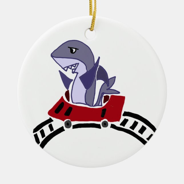 Fun Shark Riding on Roller Coaster Ceramic Ornament (Front)