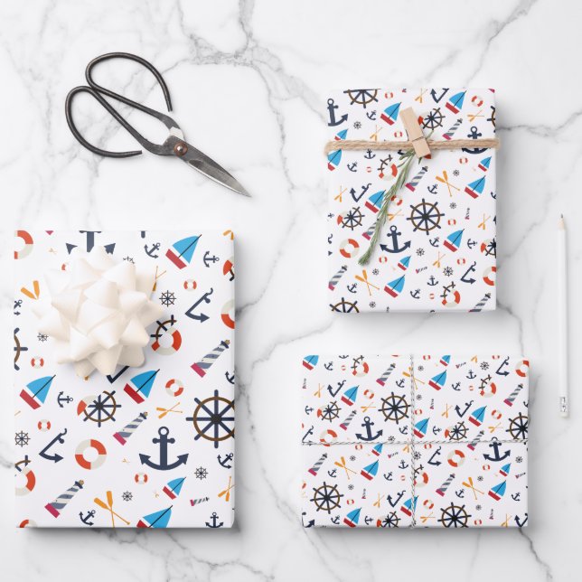 Fun Ship Ahoy Sailing Nautical Lighthouse Wrapping Paper Sheets (Front)