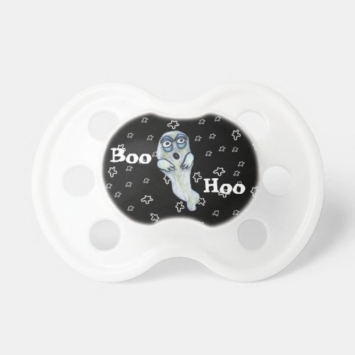 Fun Silly Boo Hoo Ghost Blue Eyes white Stars Pacifier