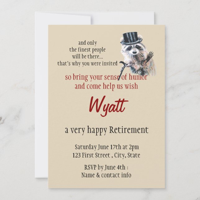 Fun Silly Formal Attire Raccoon Animal Party Invitation (Back)