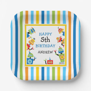 Fun Silly Robots Birthday Paper Plate colorful