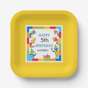 Fun Silly Robots Birthday Paper Plate Yellow edge