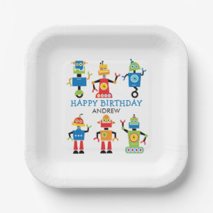 Fun Silly Robots Birthday Paper Plate Yellow edge