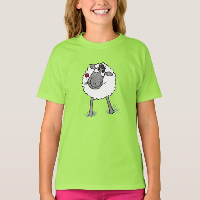 Fun Silly Sheep with Flower, Girls Hoodie T-Shirt (Front)