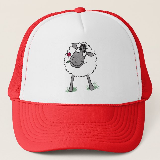 Fun Silly Sheep with Flower, Red Trucker Hat (Front)