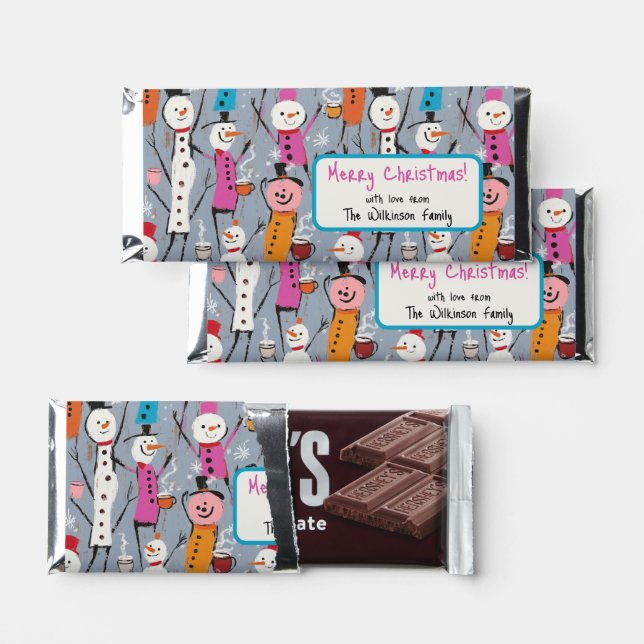 Fun Silly Snowmen Drinking Hot Cocoa Hershey Bar Favors (Front)