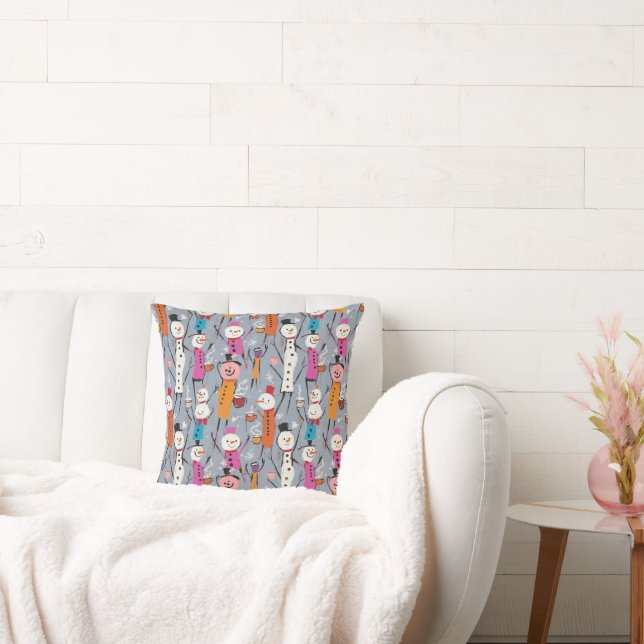 Fun Silly Snowmen Drinking Hot Cocoa Throw Pillow (Couch)
