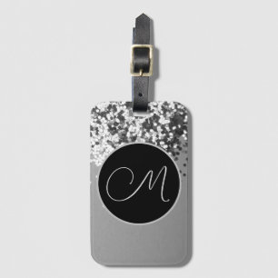 Fun SIlver Black Confetti Monogram Luggage Tag