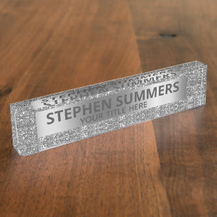 Fun Silver Faux Glitter Sparkle Glam Custom Desk Name Plate