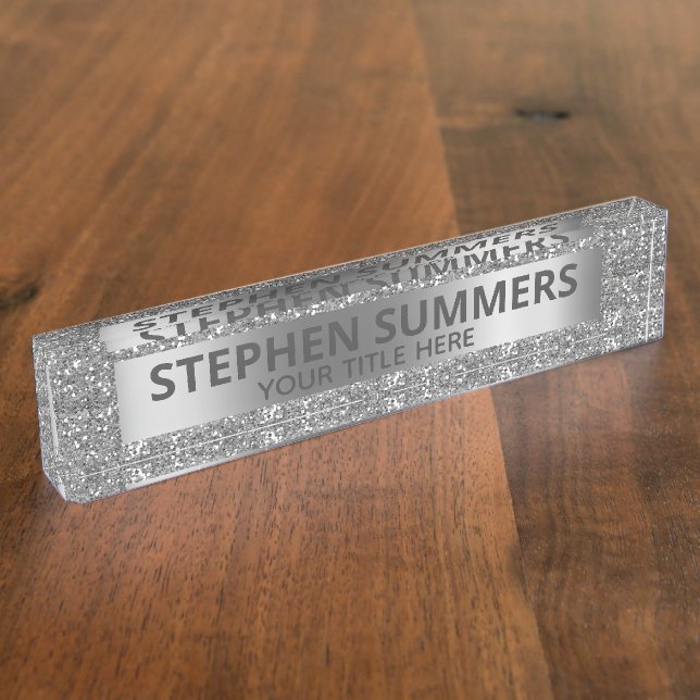 Fun Silver Faux Glitter Sparkle Glam Custom Desk Name Plate (Side)
